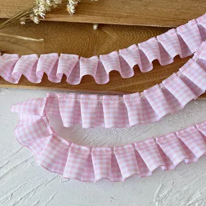 Pink and white ruffled gingham lace trim for DIY crafts and Lolita dress decoration