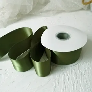 4cm olive green double-faced satin ribbon on a white spool for wedding decor and crafts