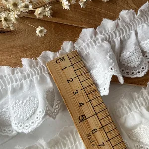 White cotton lace trim with heart embroidery and ruffled edges, 6cm wide for sewing crafts