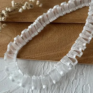 White pleated organza lace trim with ruffled edge for DIY crafts and doll clothing