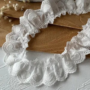 White pleated cotton lace trim with heart embroidery and scalloped edges for DIY sewing