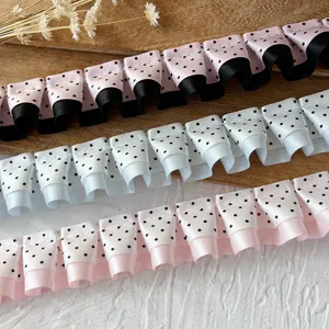 Ribete de Cinta Plisada de Lunares de Doble Capa Encaje de Volantes de Poliéster para Bricolaje Accesorios para Cabello