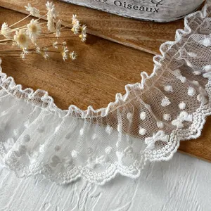 White pleated mesh lace trim with delicate embroidery for DIY crafts and sewing