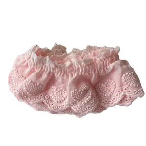 Pink pleated cotton lace trim with heart embroidery for garment and DIY crafts