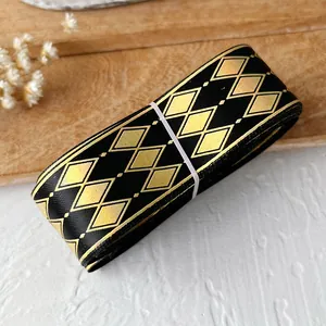 Black and gold diamond pattern ribbon roll for DIY craft and gift decoration