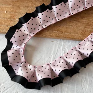 Cinta de encaje plisado con lunares rosa y negro de doble capa para manualidades DIY