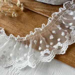 White Polka Dot Embroidered Ruffle Lace Trim Wide Pleated Mesh Ribbon For DIY Sewing Craft Apparel Home Decor