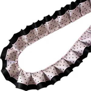 Cinta plisada de doble capa con lunares negros y rosas para accesorios de pelo DIY