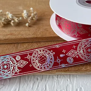 Deep red ribbed ribbon with silver magic potion and astrology patterns for DIY crafts