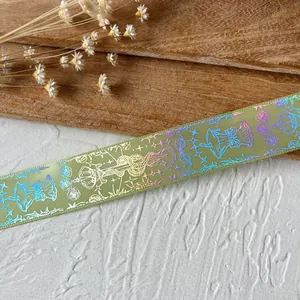 Olive green laser iridescent ribbon with crown and floral patterns for DIY crafts
