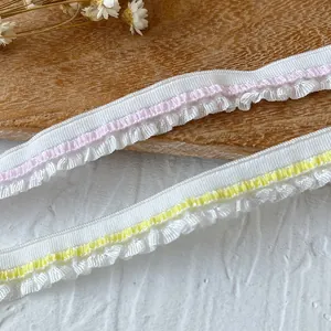 Weiße elastische Spitzenborte mit Rüschen in Rosa und Gelb für DIY-Nähen und Kleidung