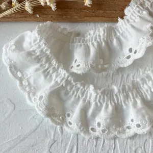 Gros plan sur la bordure en dentelle blanche à œillets et broderie de coton