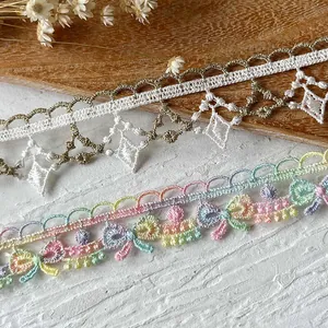 French style floral lace trim with gold geometric patterns and rainbow embroidery