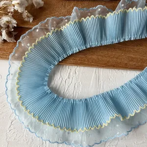 Double-layered pleated polka dot lace trim with yellow wave edge for DIY sewing crafts