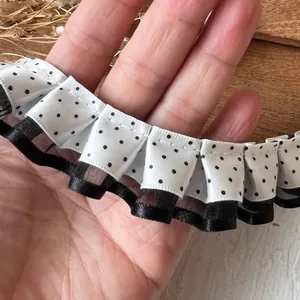 Double-layered black and white polka dot pleated lace trim for DIY crafts and accessories