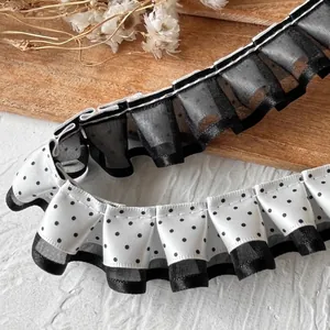 Double-layered black and white polka dot pleated lace ribbon for DIY handmade hair accessories