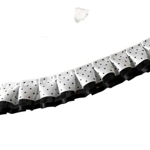 Double-layered black and white polka dot pleated ribbon for DIY hair accessories