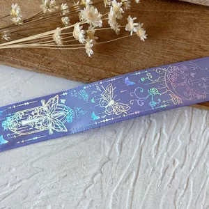 Purple satin ribbon with holographic butterfly and vine pattern for DIY craft decoration