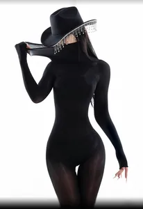 Detail of high neck black glossy bodysuit with sparkling rhinestone fringe cowboy hat