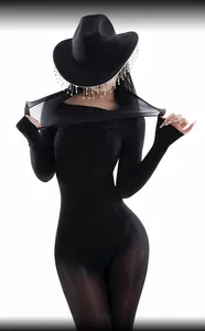 Detail view of high-elasticity black bodysuit with stylish rhinestone fringe cowboy hat