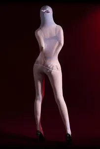 Rear view of white semi-transparent full body stocking with a pink bow detail