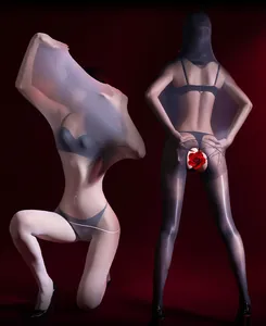 Macro detail of glossy sheer bodysuit showing ultra-thin elastic fabric and open crotch design