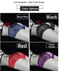 Lace open crotch erotic panties shown in Royal Blue, Black, Red and Purple