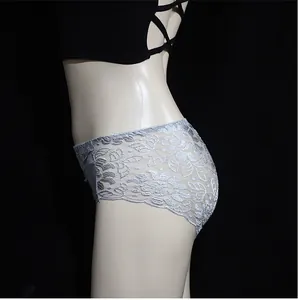 Detail of silver low-rise lace panties with floral embroidery and sheer mesh texture