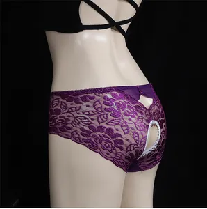 Detailed back view of purple lace open crotch panties with a satin bow and white trim