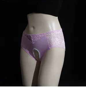 Detailed view of pink lace open-crotch panties featuring intricate floral embroidery