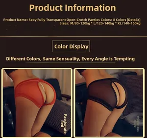 Detailed view of red and black sheer lace open crotch panties with size guide
