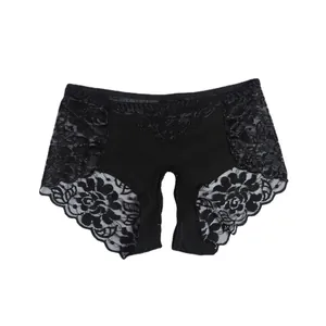 Sexy black floral lace crotchless panties with delicate scallop trim on white background