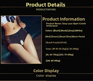 Detailed size chart and multi-color options for sexy open crotch lace panties