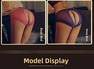 Detail view of rose red and deep blue sheer mesh open crotch panties with lace trim