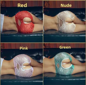 Detailed four-grid view showing sexy lace crotchless panties in red, nude, pink and green