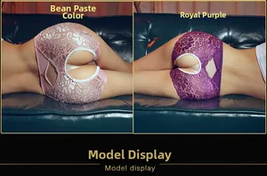 Detail of floral lace crotchless panties in dusty rose and noble purple colors