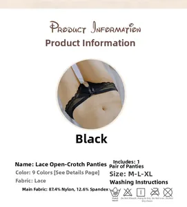 Detail view of black mesh lace crotchless panties with nylon and spandex fabric info