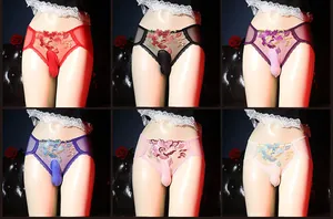 Vue détaillée de slips brodés en résille pour hommes avec poche 3D en plusieurs coloris