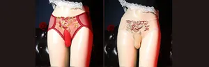 Détail de la broderie florale sur un slip en maille sexy avec pochette ergonomique