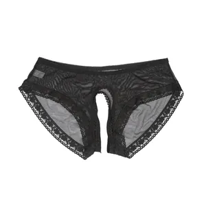Sexy black lace open crotch panties in transparent mesh fabric for women, M size