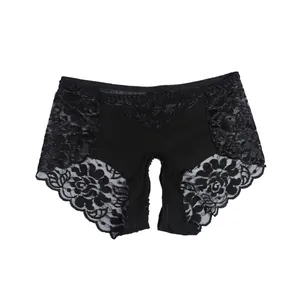 Sexy black lace crotchless panties with floral mesh design and low waist for women