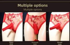 Three styles of men's sexy red mesh thongs featuring floral embroidery and pouch options
