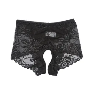 Culotte sexy en dentelle noire à entrejambe ouvert avec broderie florale transparente