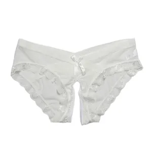 White lace open crotch thong with low-waist cross design and delicate bow decoration