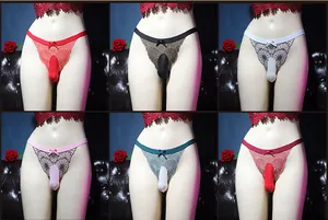 Men's sexy floral lace thongs with U-convex pouch shown in six different vibrant colors