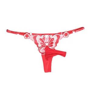 Men's sexy red butterfly embroidery thong with adjustable waist and separate pouch design