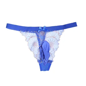 Men's sexy blue T-back thong with sheer lace floral embroidery and pouch design