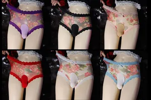 Selection of six colors of sheer mesh men's floral boxers with open pouch and lace trim