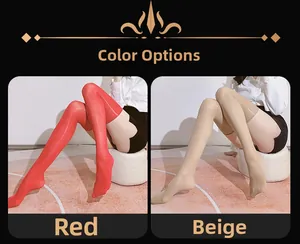 Detail showing high-gloss oil finish stockings in vibrant red and coffee brown colors