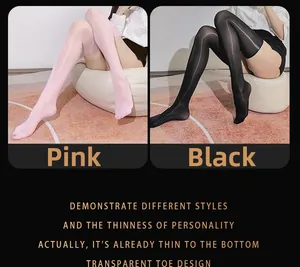 Detail of ultra-thin glossy thigh high stockings with sheer toe in pink and black colors